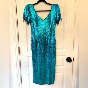 Vintage Turquoise Sequins Mid Dress sz 6 👗 🌟 🩵